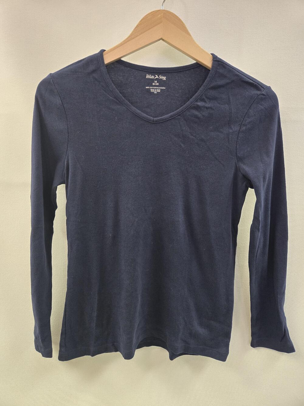 White Stag Shirt Womens Medium Dark Navy Blue Long Sleeve V Neck Cotton Basic